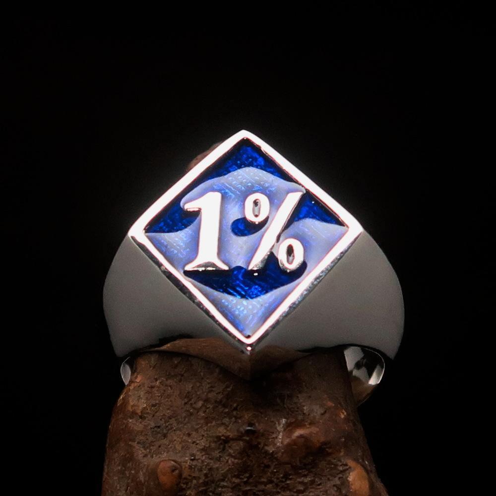 Men's Sterling Silver Biker Ring Diamond shaped 1% Percent Outlaw Symbol Blue - BikeRing4u