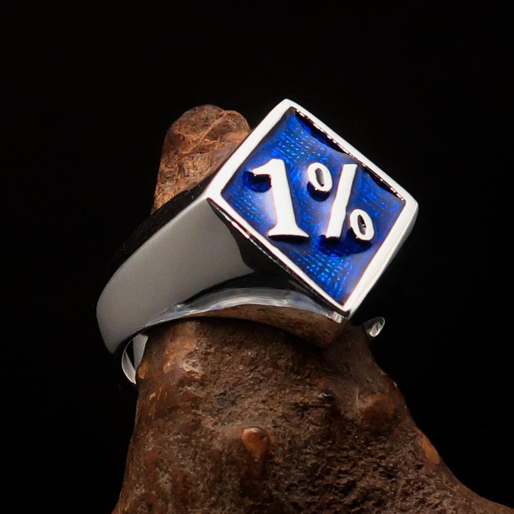 Men's Sterling Silver Biker Ring Diamond shaped 1% Percent Outlaw Symbol Blue - BikeRing4u