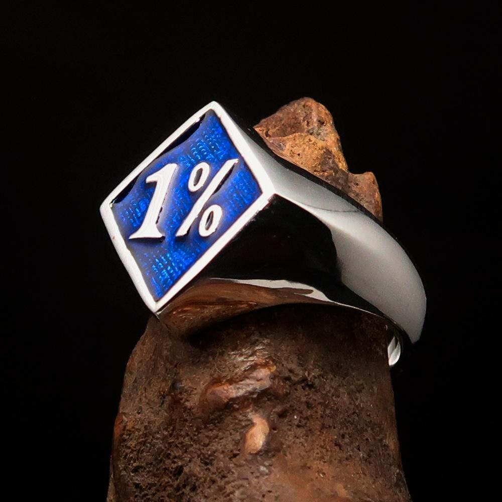 Men's Sterling Silver Biker Ring Diamond shaped 1% Percent Outlaw Symbol Blue - BikeRing4u