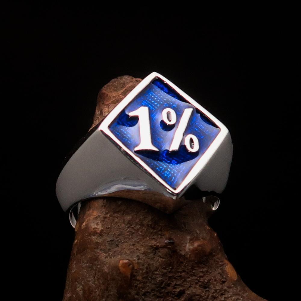 Men's Sterling Silver Biker Ring Diamond shaped 1% Percent Outlaw Symbol Blue - BikeRing4u