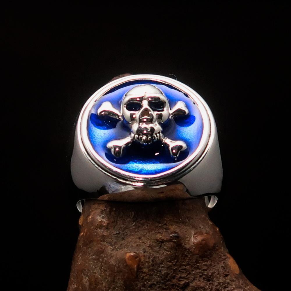 Nicely crafted Men's Pirate Ring Jolly Roger crossed Bones Skull Blue - Sterling Silver - BikeRing4u