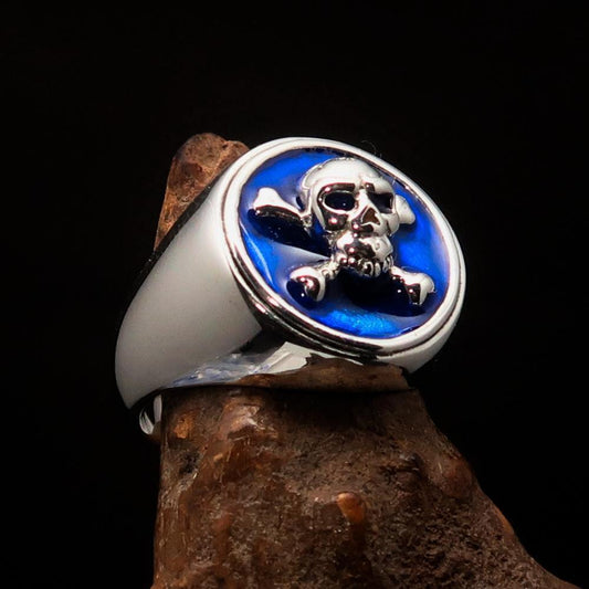 Nicely crafted Men's Pirate Ring Jolly Roger crossed Bones Skull Blue - Sterling Silver - BikeRing4u