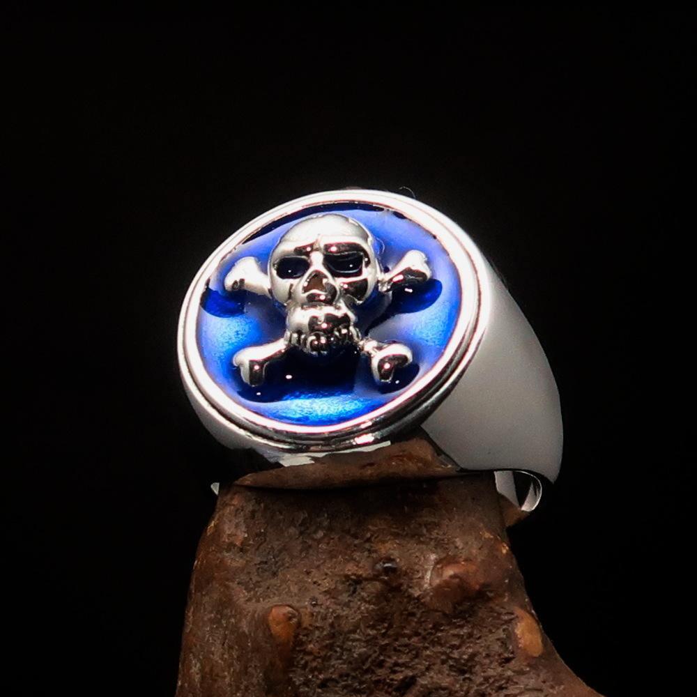 Nicely crafted Men's Pirate Ring Jolly Roger crossed Bones Skull Blue - Sterling Silver - BikeRing4u