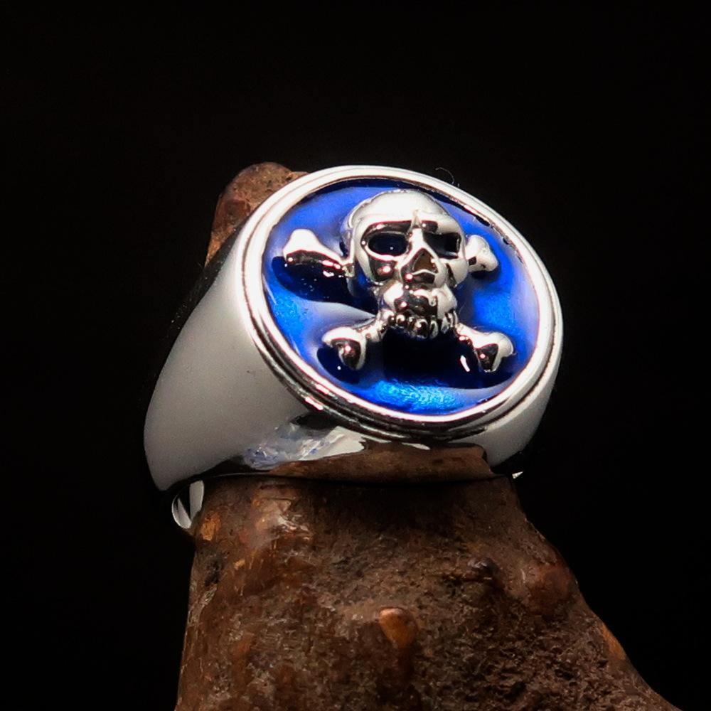 Nicely crafted Men's Pirate Ring Jolly Roger crossed Bones Skull Blue - Sterling Silver - BikeRing4u