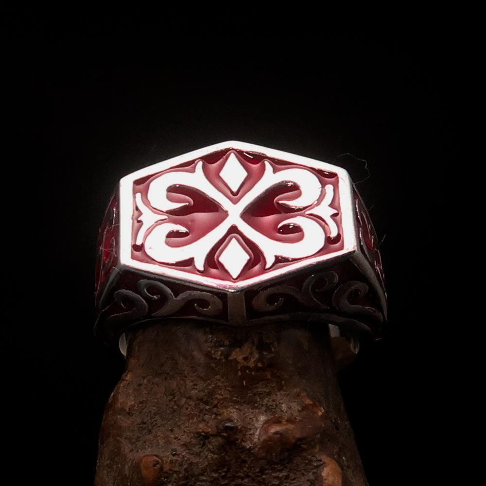 Excellent crafted Men's Medieval Ring red Oriental Crest Sterling Silver 925 - BikeRing4u