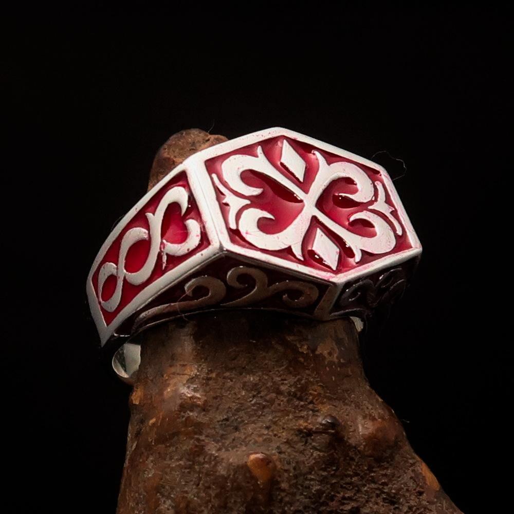 Excellent crafted Men's Medieval Ring red Oriental Crest Sterling Silver 925 - BikeRing4u