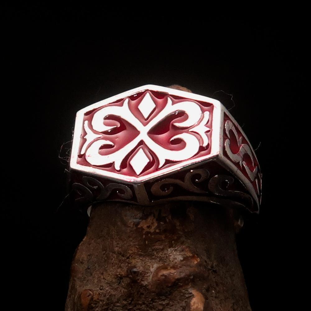 Excellent crafted Men's Medieval Ring red Oriental Crest Sterling Silver 925 - BikeRing4u