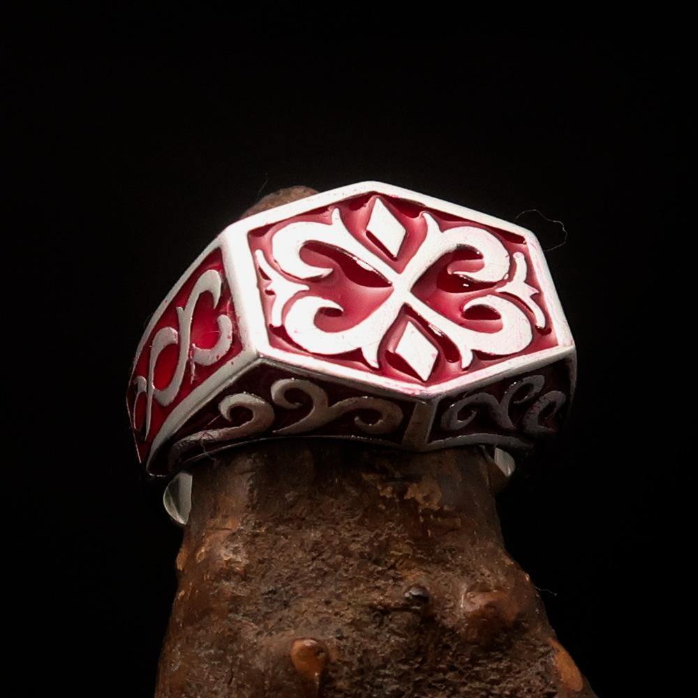 Excellent crafted Men's Medieval Ring red Oriental Crest Sterling Silver 925 - BikeRing4u