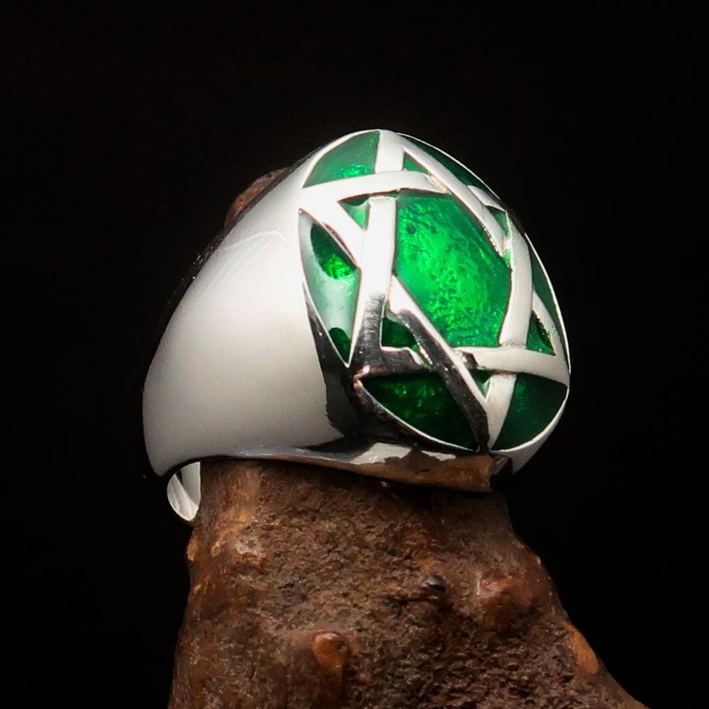 Excellent crafted Men's Hebrew Ring oval green Star of David - Sterling Silver - BikeRing4u