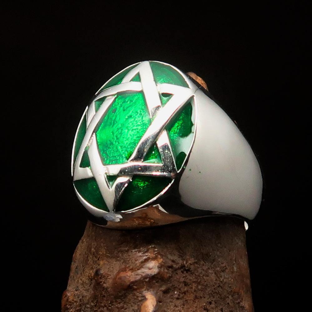 Excellent crafted Men's Hebrew Ring oval green Star of David - Sterling Silver - BikeRing4u