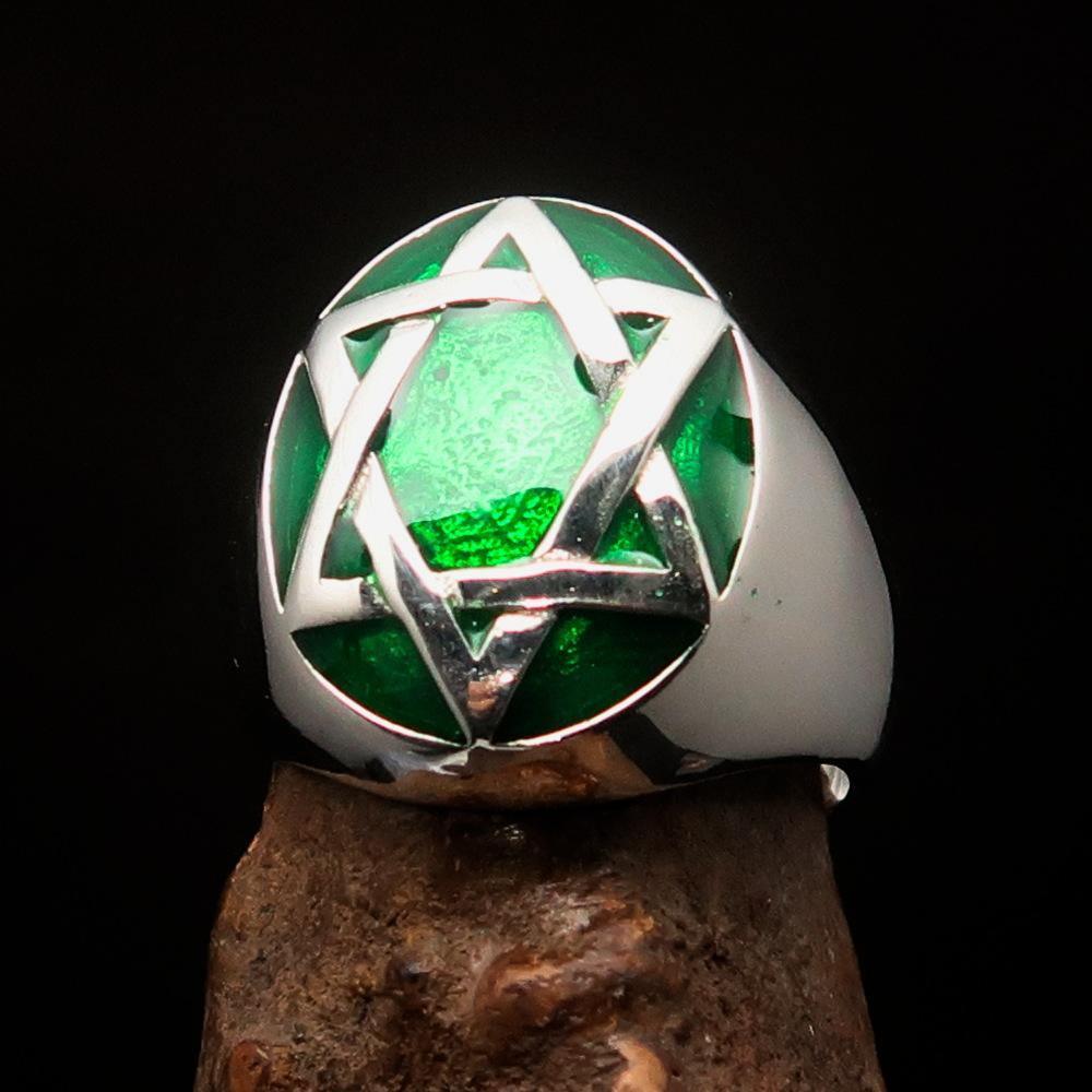 Excellent crafted Men's Hebrew Ring oval green Star of David - Sterling Silver - BikeRing4u
