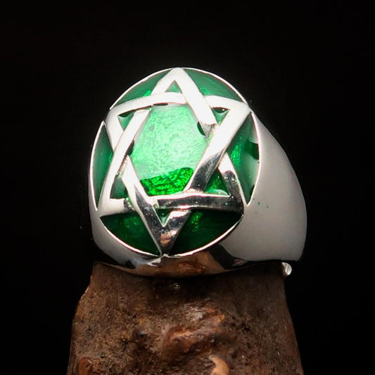 Excellent crafted Men's Hebrew Ring oval green Star of David - Sterling Silver - BikeRing4u