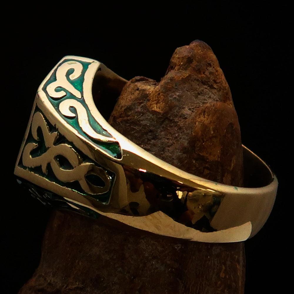 Excellent crafted Men's Biker Ring Green Number 13 - Solid Brass - BikeRing4u