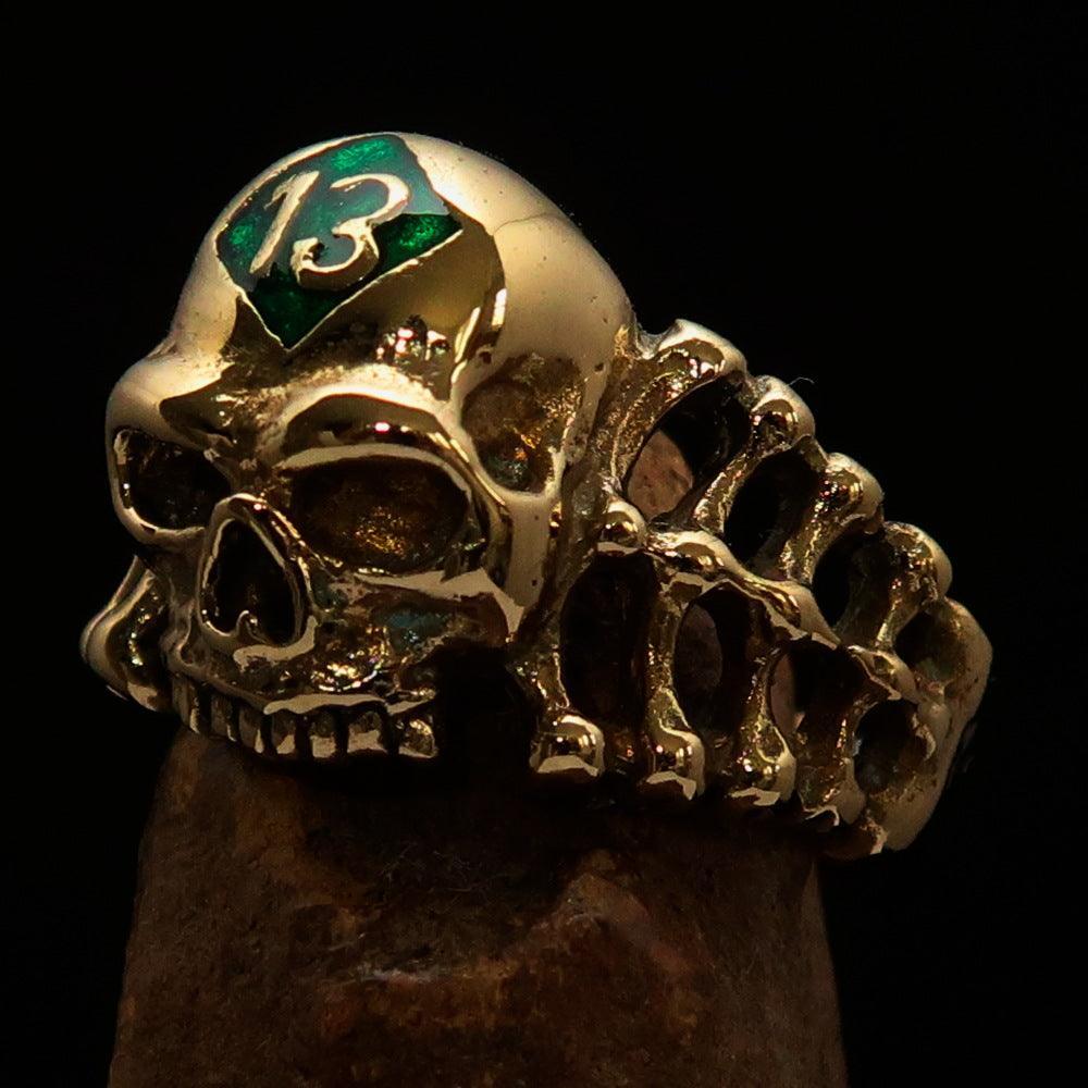 Excellent crafted Men's Skull and Bones Ring green Number 13 - Brass - BikeRing4u
