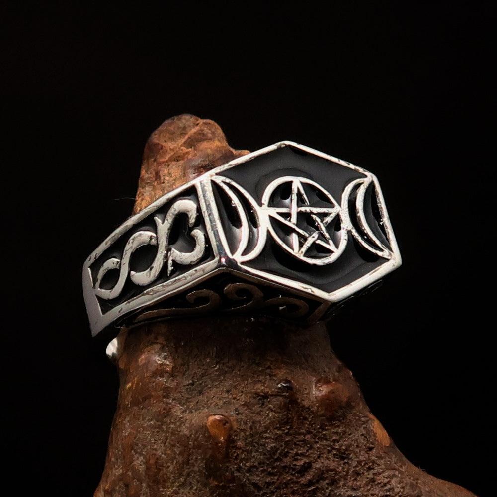 Men's Sterling Silver Ring Black Crescent Moon Pentagram Star - BikeRing4u