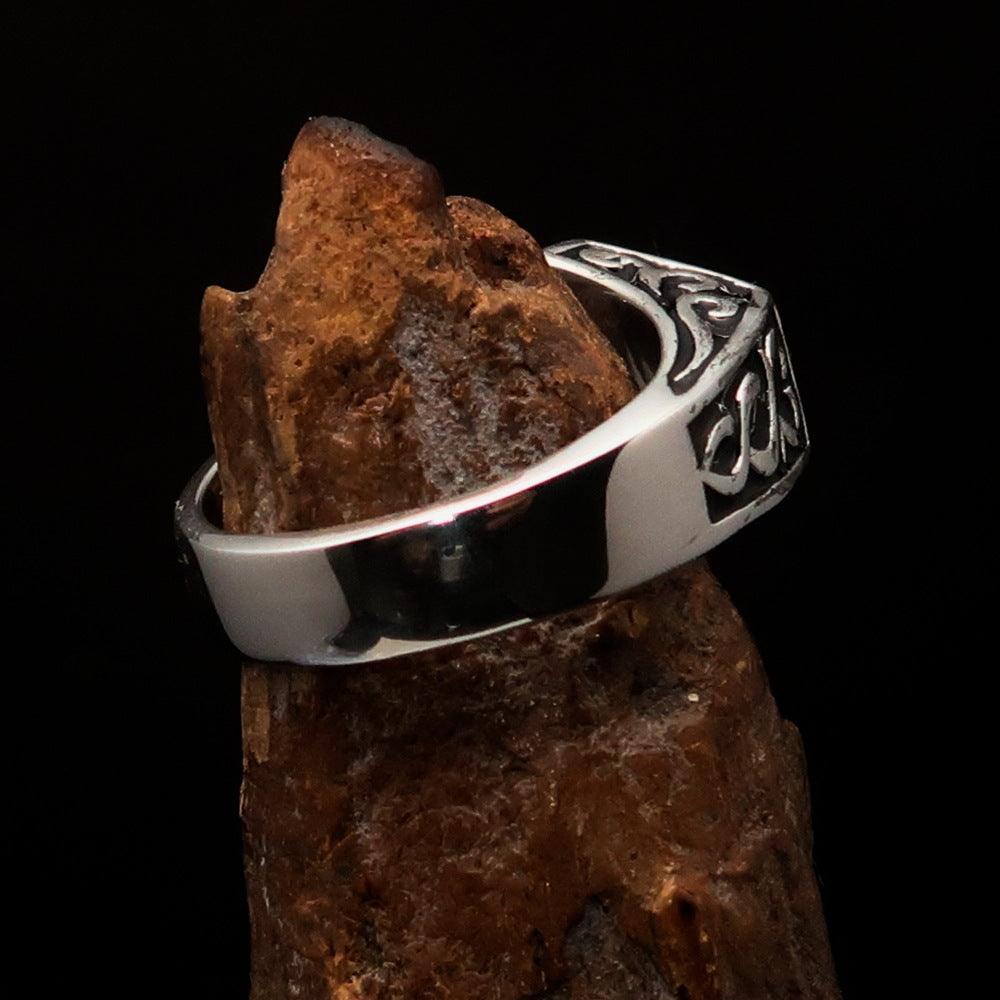 Men's Sterling Silver Ring Black Crescent Moon Pentagram Star - BikeRing4u