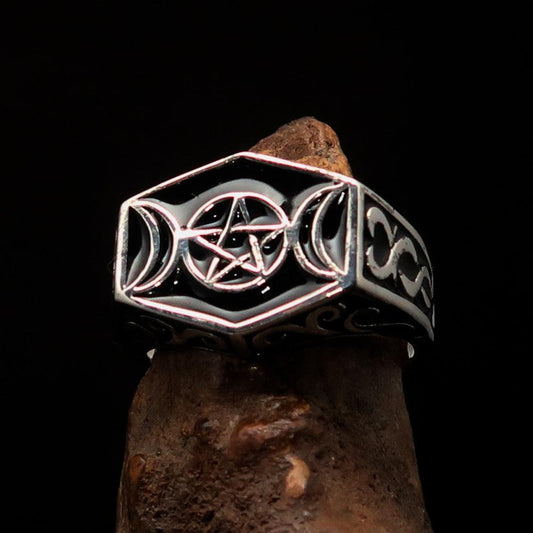 Men's Sterling Silver Ring Black Crescent Moon Pentagram Star - BikeRing4u