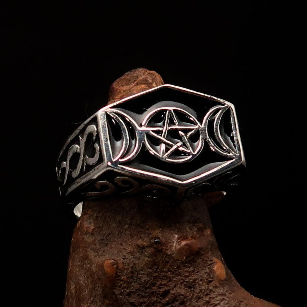 Men's Sterling Silver Ring Black Crescent Moon Pentagram Star - BikeRing4u