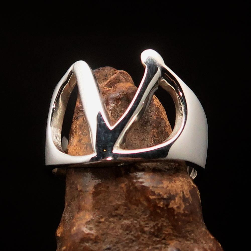 Men's Greek lower case Letter Initial Ring Nu - Sterling Silver - BikeRing4u