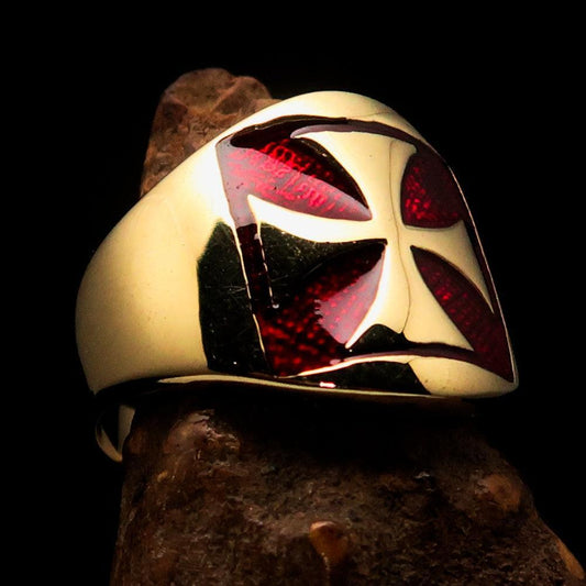 Excellent crafted Men's red Iron Cross Biker Ring - Solid Brass - BikeRing4u