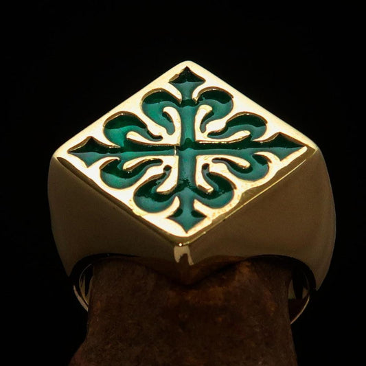 Excellent crafted Men's green Fleur de Lis Cross Ring - solid Brass - BikeRing4u
