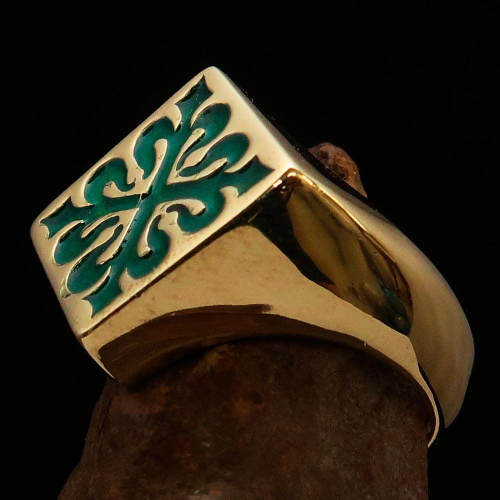 Excellent crafted Men's green Fleur de Lis Cross Ring - solid Brass - BikeRing4u