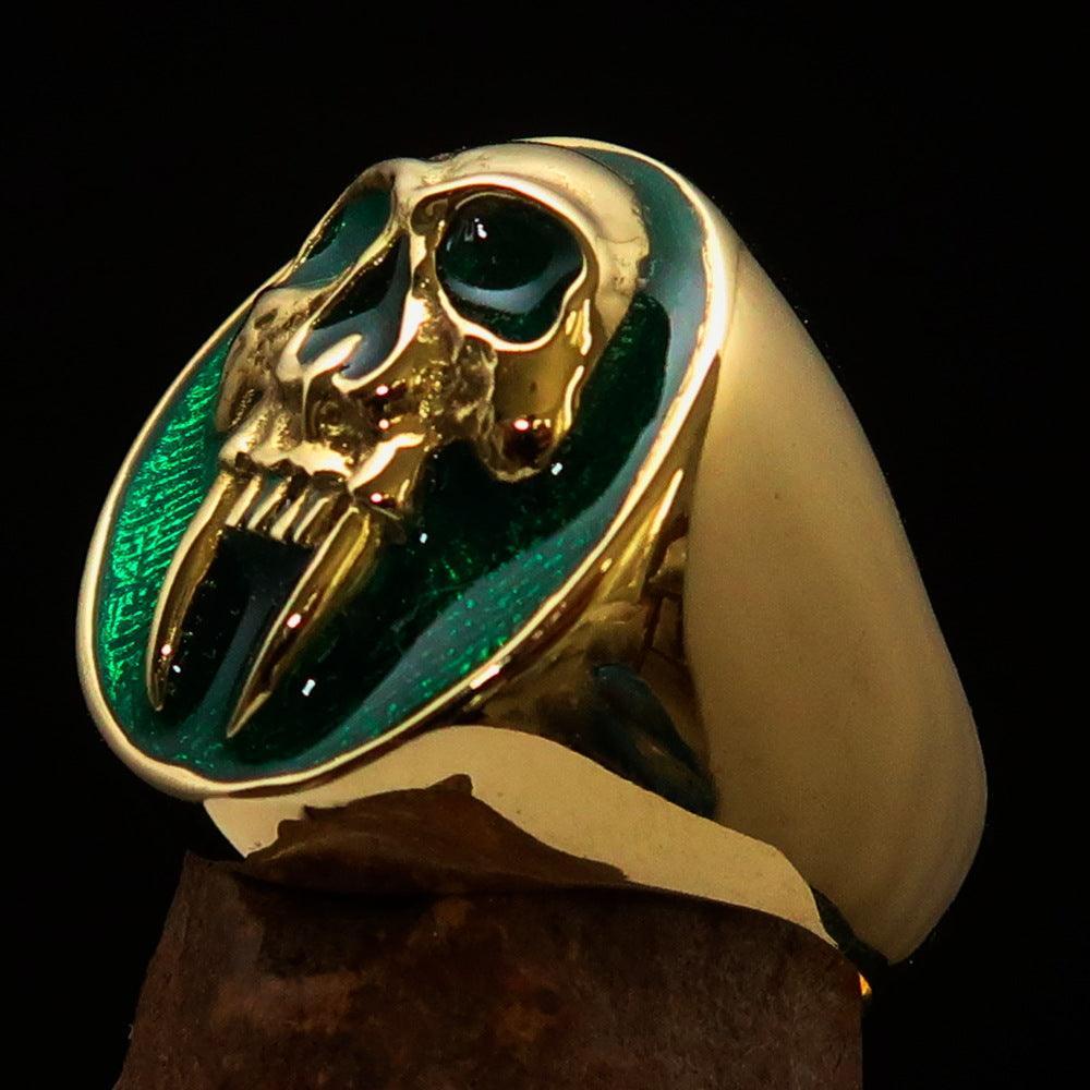 Excellent crafted oval Men's green Vampire Skull Ring - solid Brass - BikeRing4u