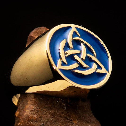 Nicely crafted Men's Triquetra Ring Celtic Triskelion Knot Blue - Solid Brass - BikeRing4u