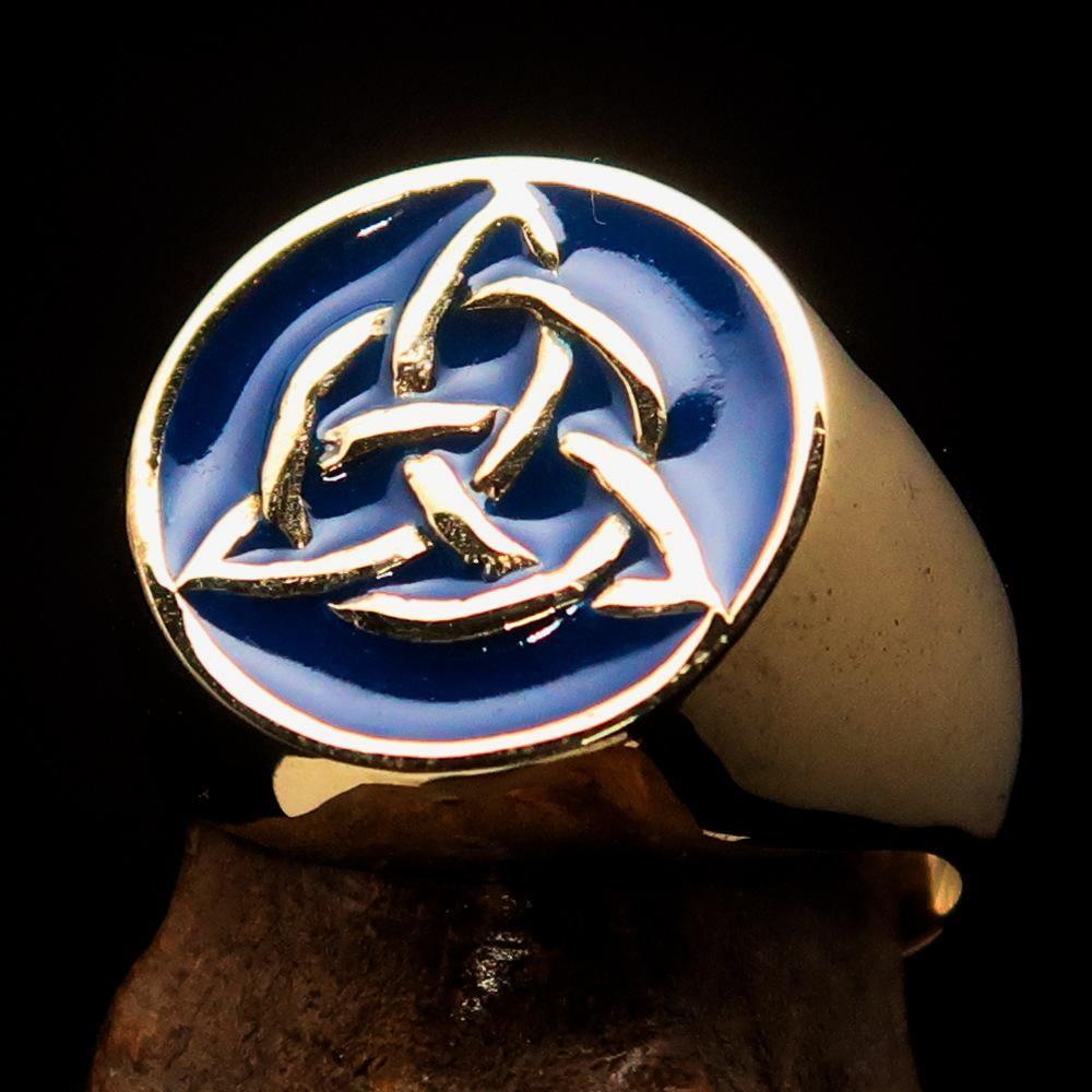 Nicely crafted Men's Triquetra Ring Celtic Triskelion Knot Blue - Solid Brass - BikeRing4u