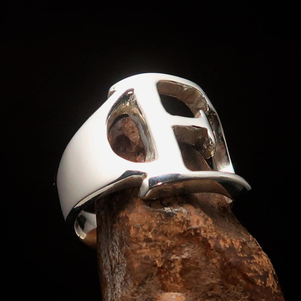 Men's Greek upper case Capital Letter Initial Ring Epsilon - Sterling Silver - BikeRing4u