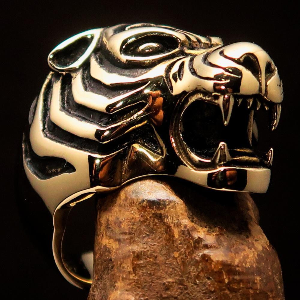Excellent crafted Men's Animal Ring Male Tiger Antiqued - Brass - BikeRing4u