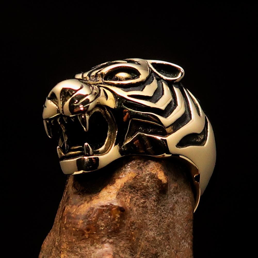 Excellent crafted Men's Animal Ring Male Tiger Antiqued - Brass - BikeRing4u