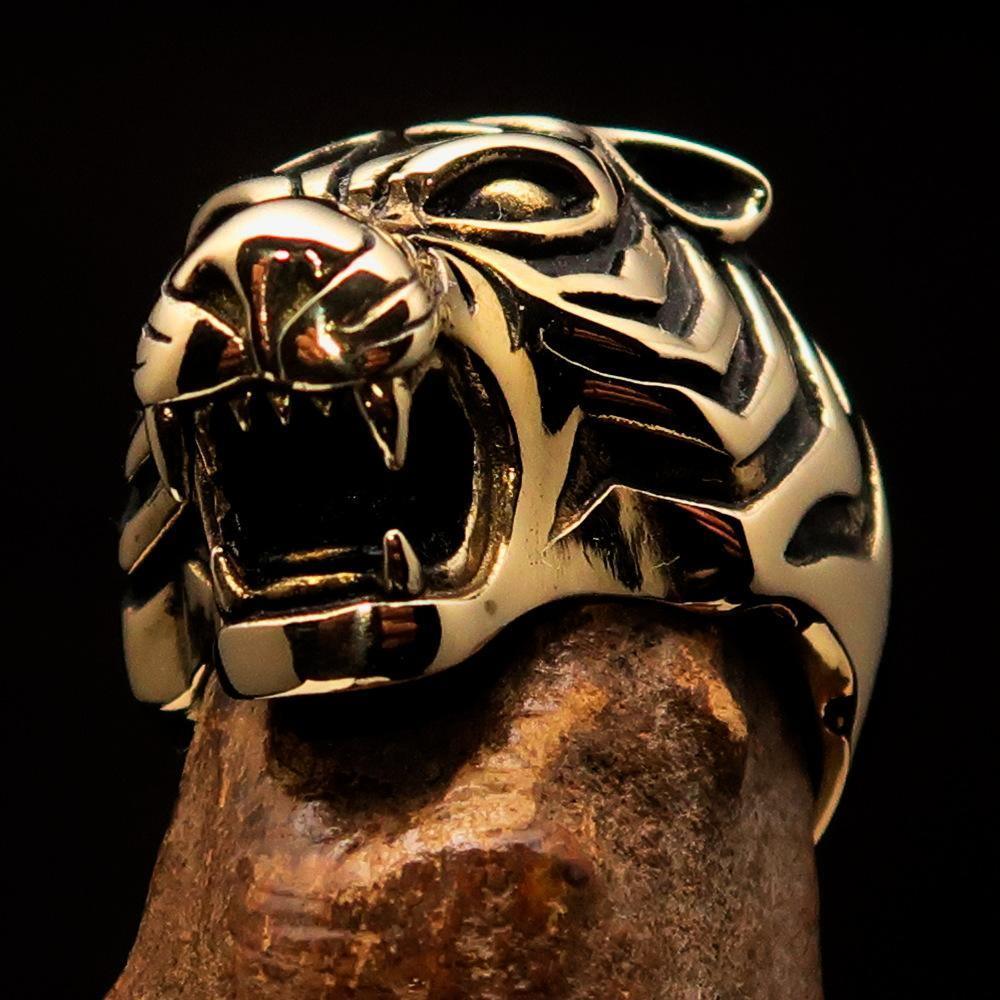 Excellent crafted Men's Animal Ring Male Tiger Antiqued - Brass - BikeRing4u