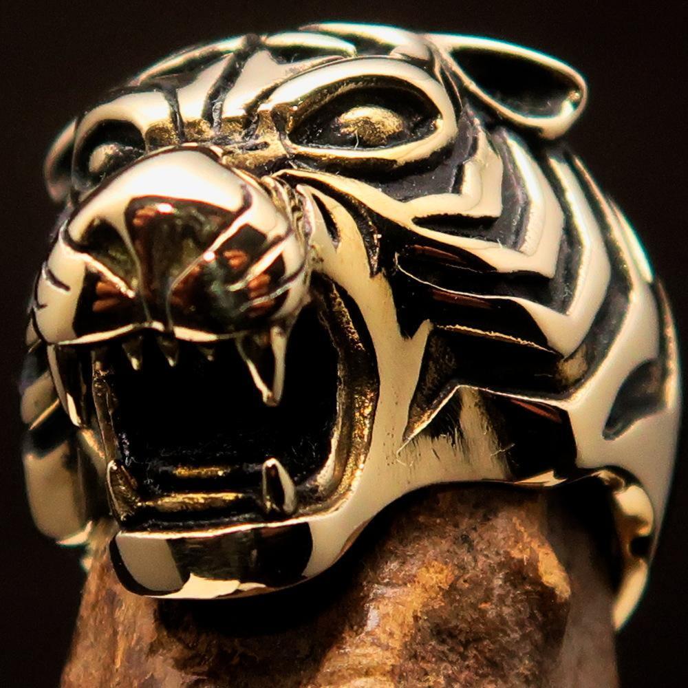 Excellent crafted Men's Animal Ring Male Tiger Antiqued - Brass - BikeRing4u