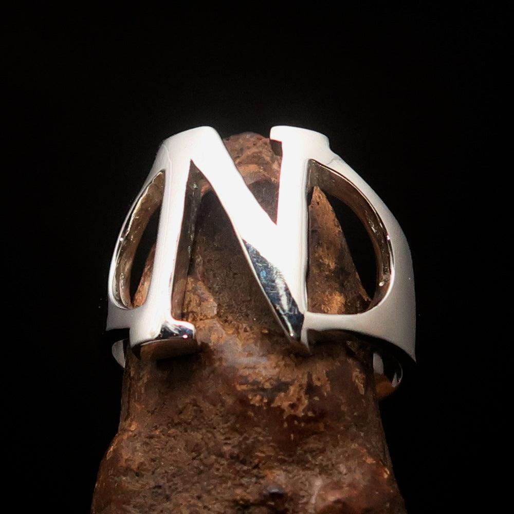 Men's Greek upper case Capital Letter Initial Ring Nu - Sterling Silver - BikeRing4u