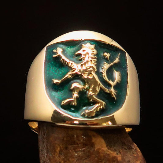 Excellent crafted ancient Men's green Rampant Lion Ring - Solid Brass - BikeRing4u