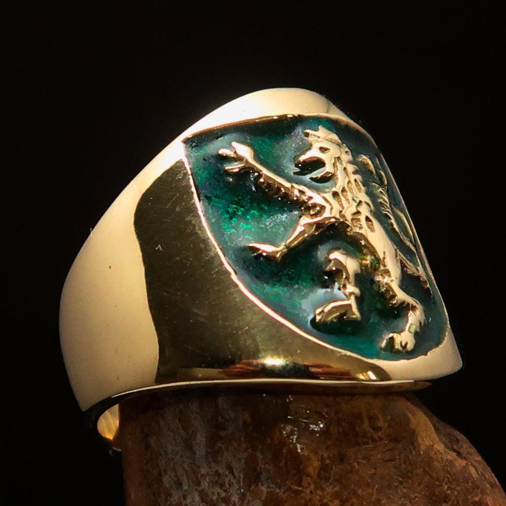 Excellent crafted ancient Men's green Rampant Lion Ring - Solid Brass - BikeRing4u