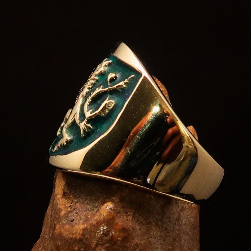 Excellent crafted ancient Men's green Rampant Lion Ring - Solid Brass - BikeRing4u