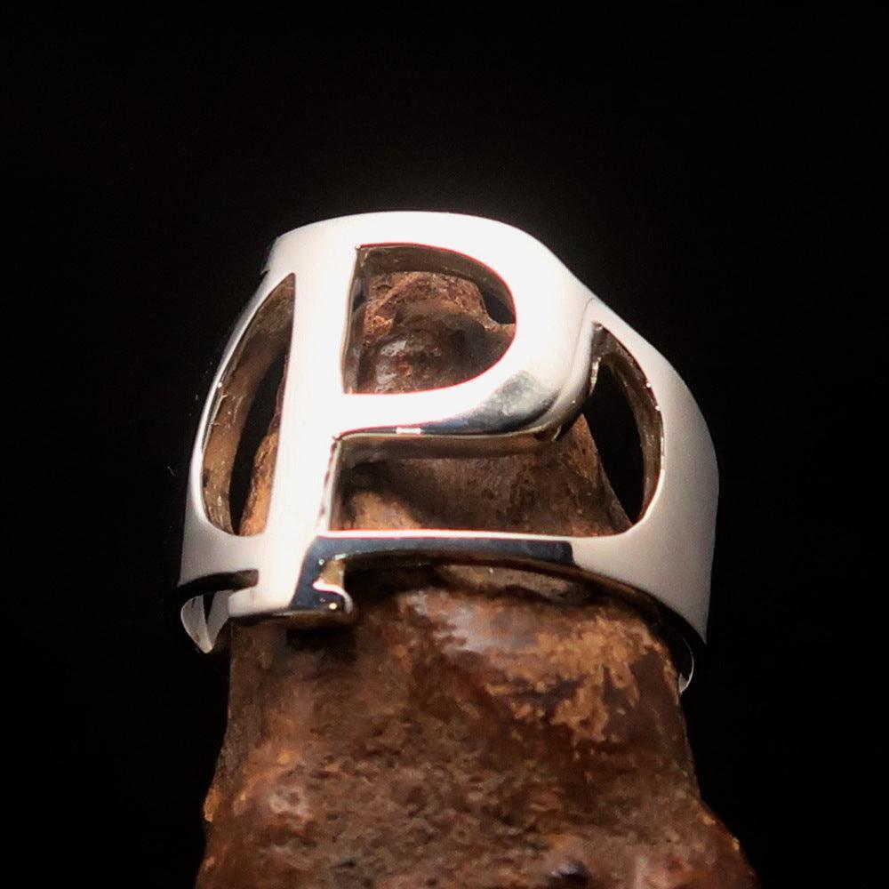 Men's Greek upper case Capital Letter Initial Ring Rho - Sterling Silver - BikeRing4u