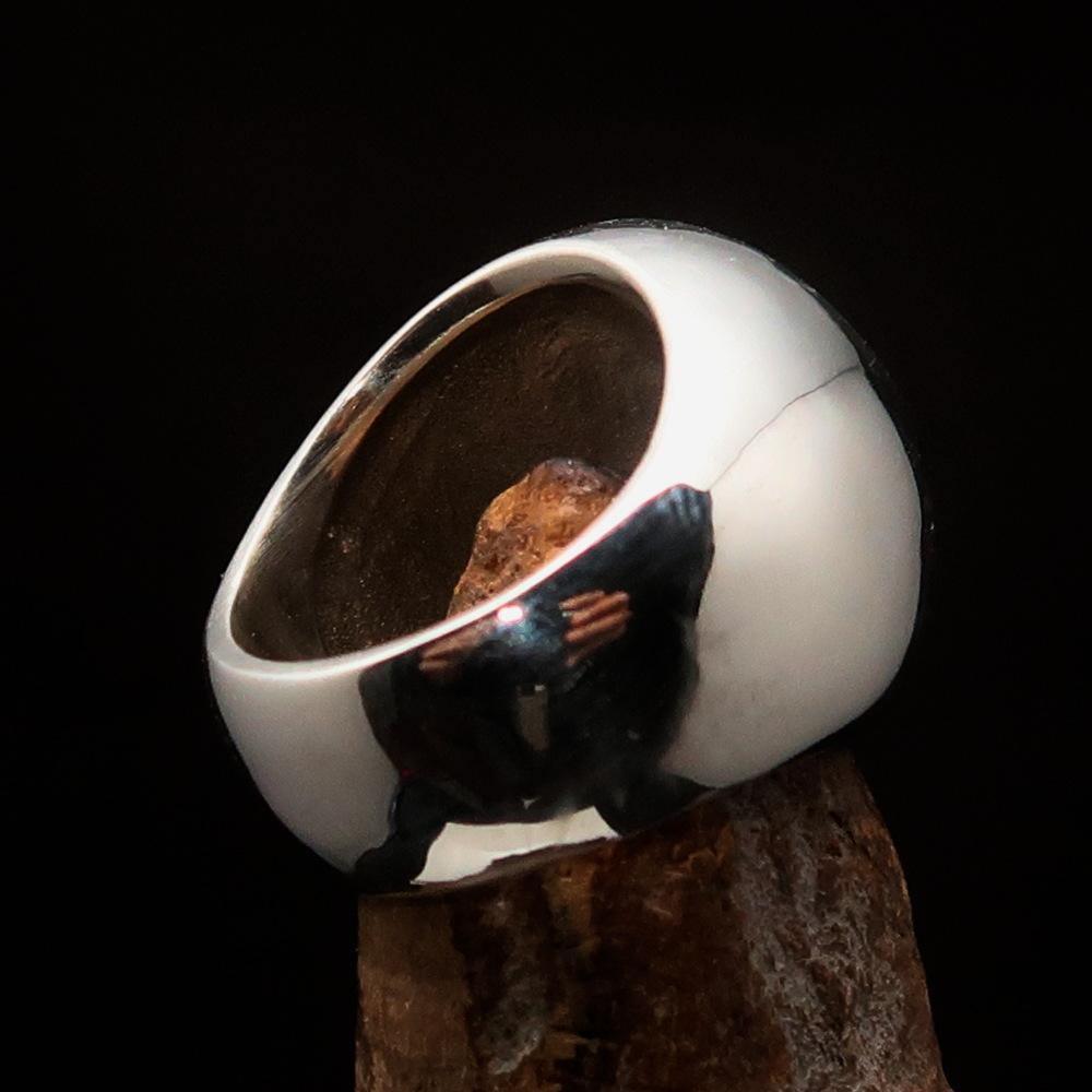 Nicely crafted domed Men's Buddhist Ring green Aum Symbol - Sterling Silver - BikeRing4u