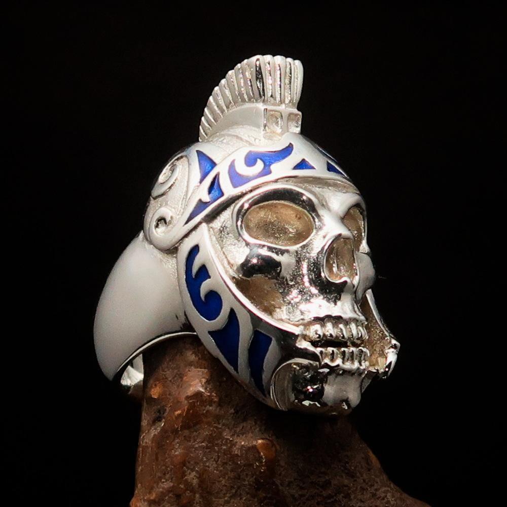 Excellent crafted Men's Skull Biker Ring blue Roman Centurion - Sterling Silver - BikeRing4u