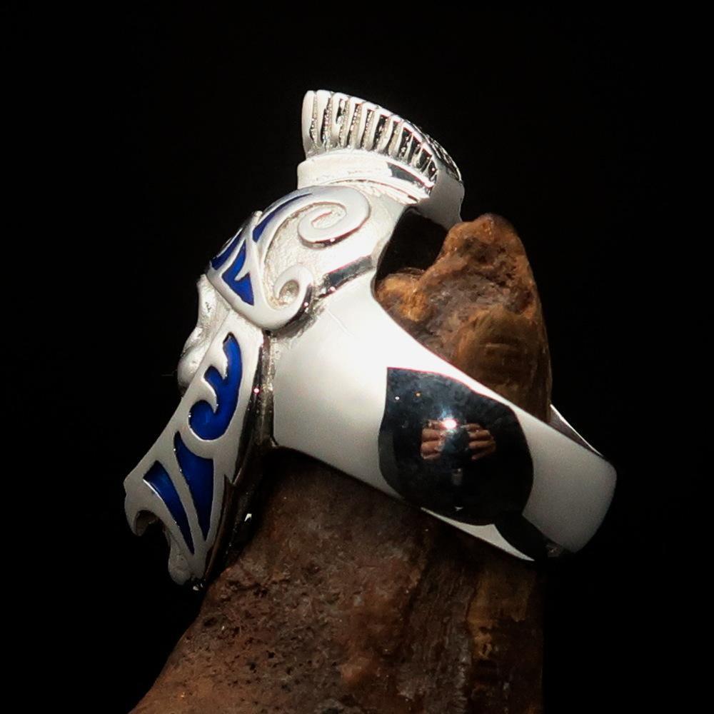 Excellent crafted Men's Skull Biker Ring blue Roman Centurion - Sterling Silver - BikeRing4u