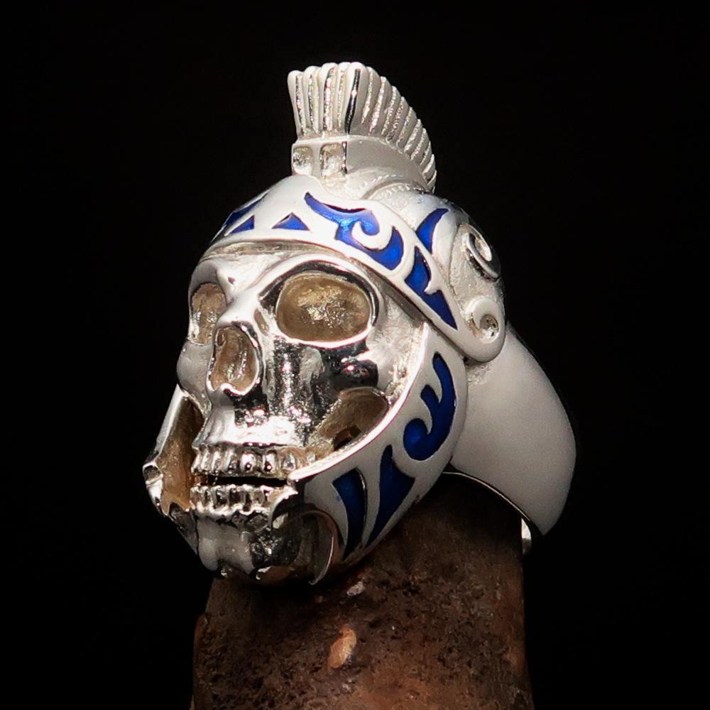 Excellent crafted Men's Skull Biker Ring blue Roman Centurion - Sterling Silver - BikeRing4u