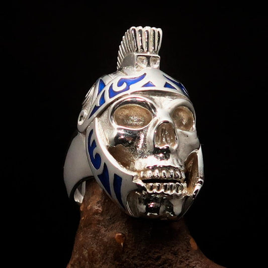 Excellent crafted Men's Skull Biker Ring blue Roman Centurion - Sterling Silver - BikeRing4u
