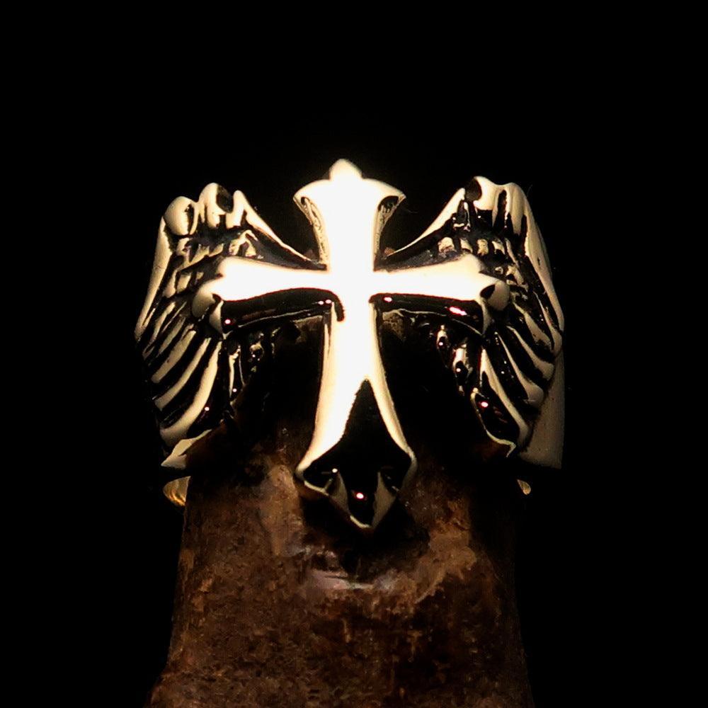 Excellent crafted Men's flying winged Cross Biker Ring - antiqued Brass - BikeRing4u