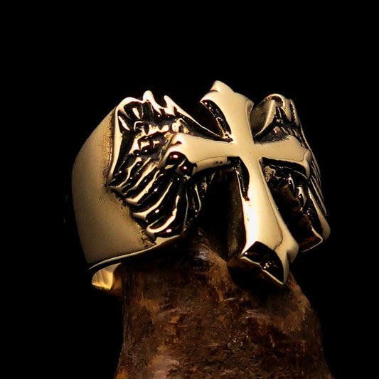 Excellent crafted Men's flying winged Cross Biker Ring - antiqued Brass - BikeRing4u