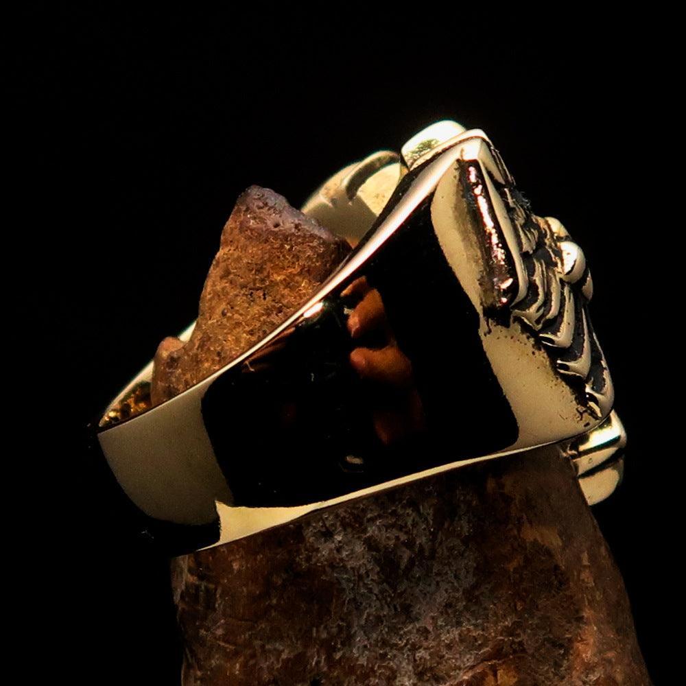 Excellent crafted Men's flying winged Cross Biker Ring - antiqued Brass - BikeRing4u