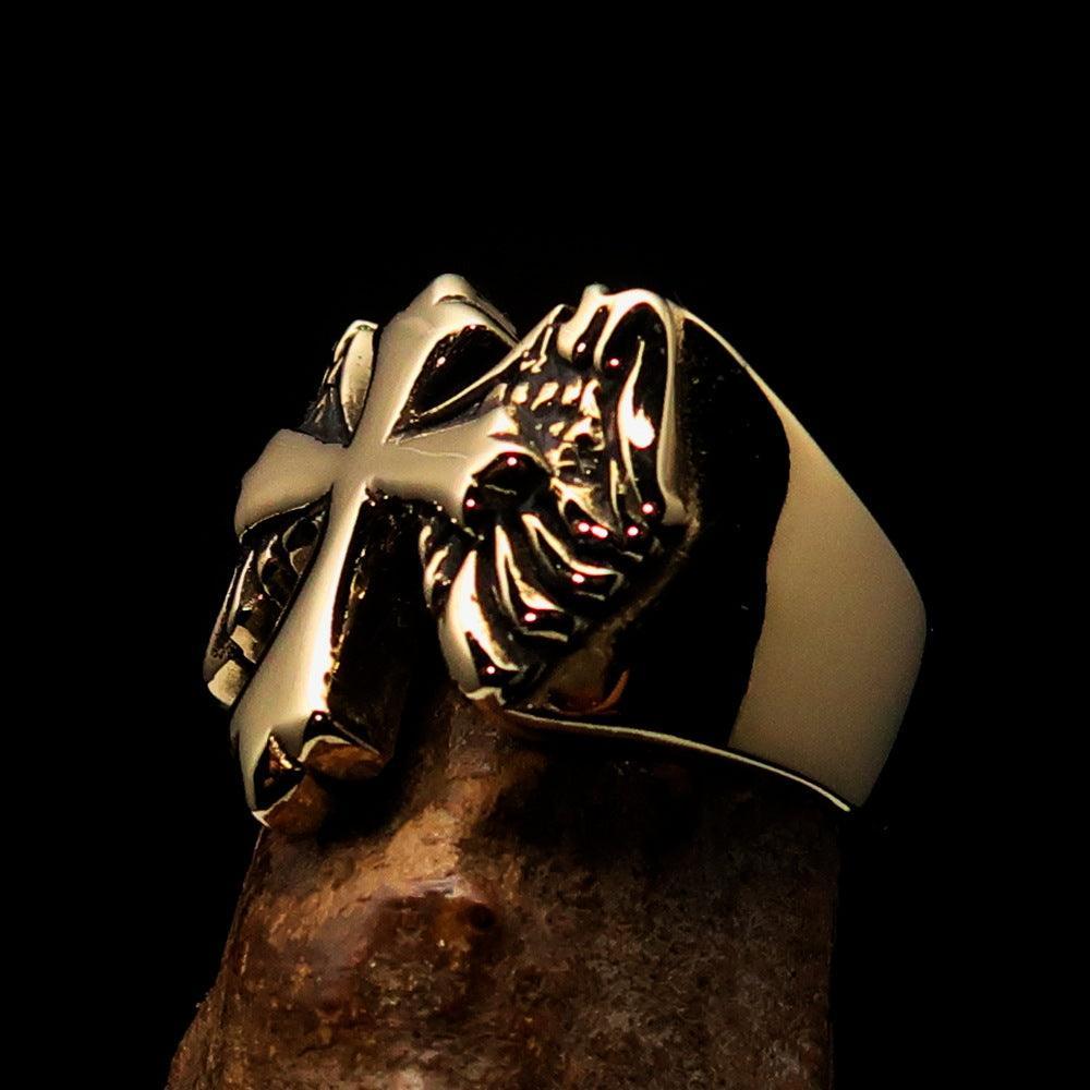 Excellent crafted Men's flying winged Cross Biker Ring - antiqued Brass - BikeRing4u