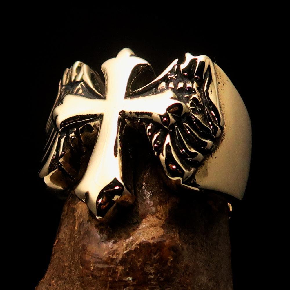 Excellent crafted Men's flying winged Cross Biker Ring - antiqued Brass - BikeRing4u