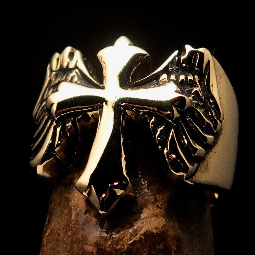 Excellent crafted Men's flying winged Cross Biker Ring - antiqued Brass - BikeRing4u